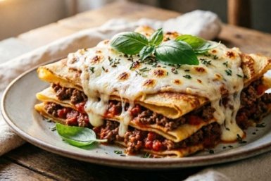 Лазанья под сливочном-сырным соусом: слои из блинчиков. Съедите до последней крошки