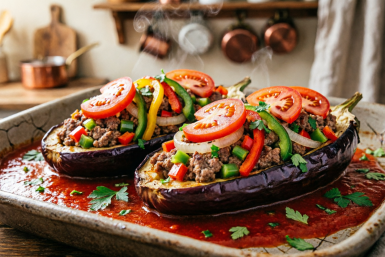 Не жареные, а запеченные: баклажановые лодочки с мясной начинкой по-турецки