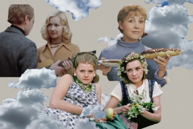 Тематическое фото Коллаж на основе скриншотов из кинофильмов: &quotДевчата&quot (16+), &quotИрония судьбы&quot(6+), &quotМосква слезам не верит&quot(16+).