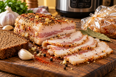 Беру сало - и сую в пакет: получается вкуснее, чем в рассоле, и посуда не нужна - без варки, жарки, переворачивания